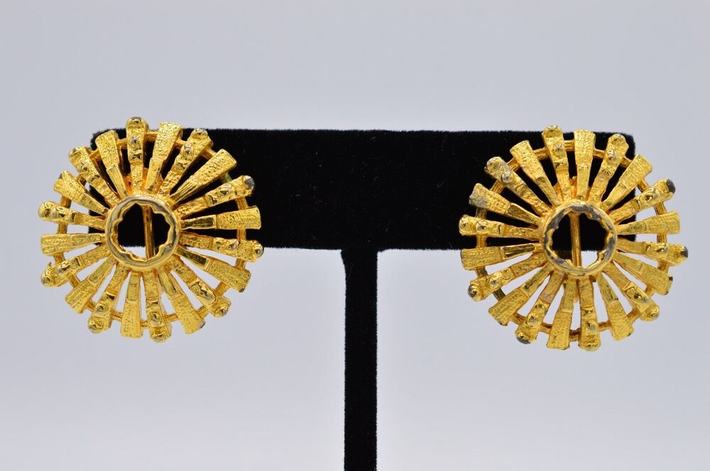 Celebrity Vintage Clip On Earrings Brushed Gold Abstract Chunky Signed 1980s 9E